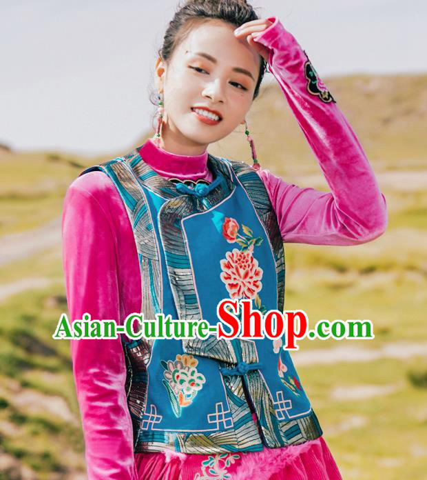 China Tang Suit Upper Outer Garment Traditional Embroidered Blue Vest National Waistcoat Clothing