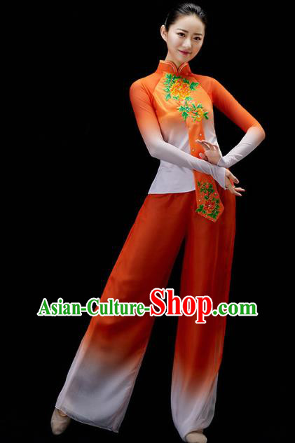 China Traditional Folk Dance Yangko Dance Orange Outfits Fan Dance Embroidered Clothing