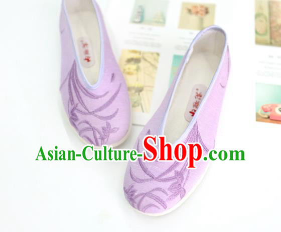China Embroidered Orchids Shoes Traditional Qing Dynasty Court Lady Shoes Handmade Violet Cloth Shoes