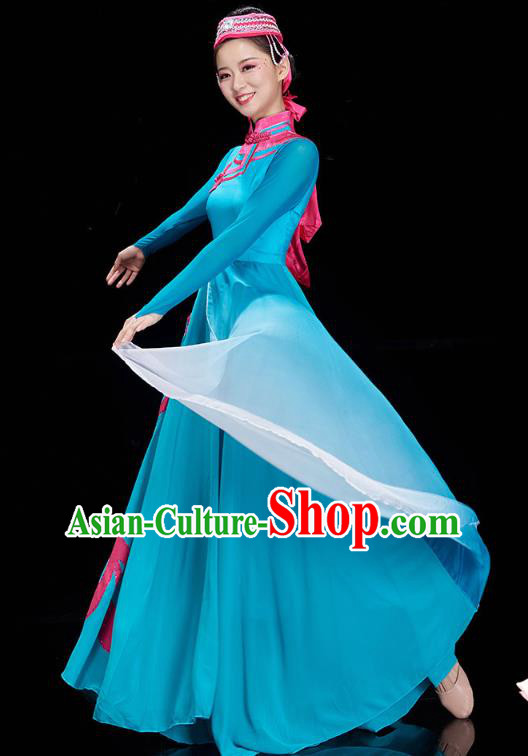 Chinese Mongolian Ethnic Dance Blue Dress Outfits Traditional Mongol Nationality Performance Costumes