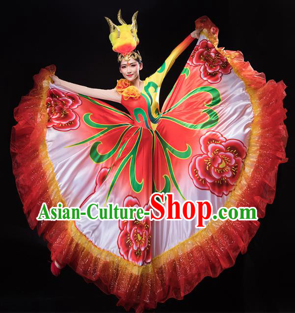 Chinese Traditional Spring Festival Gala Woman Group Dance Red Dress Peony Dance Opening Dance Costume