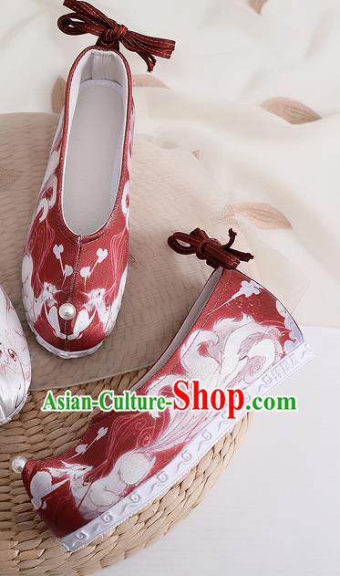 China Traditional Hanfu Shoes Handmade Ming Dynasty Princess Shoes Classical Nine Tail Fox Pattern Red Cloth Shoes
