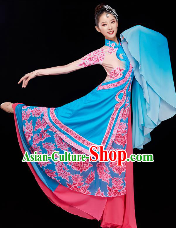 China Classical Dance Blue Dress Traditional Woman Solo Dance Costume Umbrella Dance Clothing