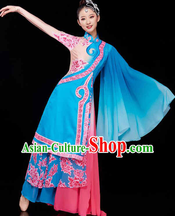 China Classical Dance Blue Dress Traditional Woman Solo Dance Costume Umbrella Dance Clothing