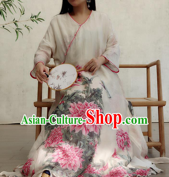 Chinese Printing Peony White Flax Qipao Dress Traditional National Woman Costume