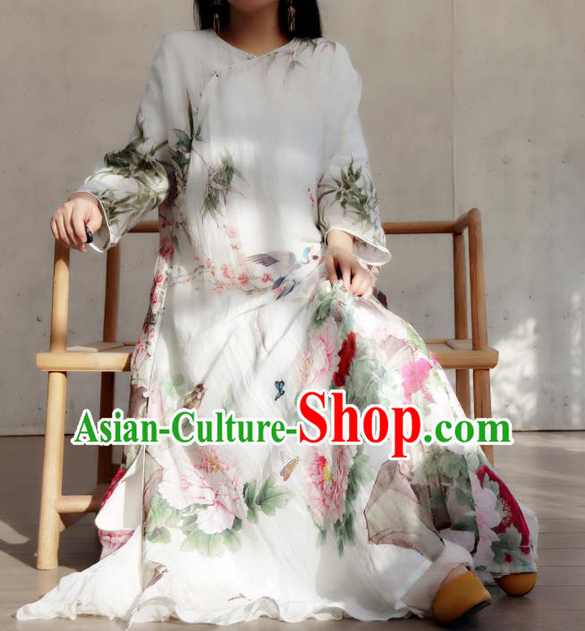 Chinese Traditional Printing Peony White Qipao Dress Stand Collar Cheongsam National Woman Costume