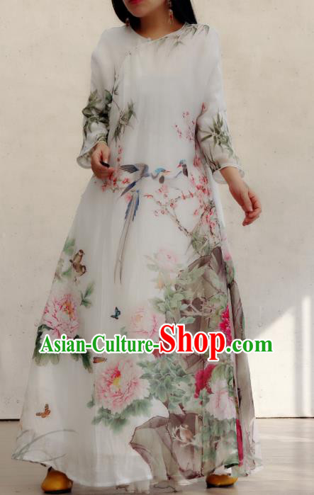 Chinese Traditional Printing Peony White Qipao Dress Stand Collar Cheongsam National Woman Costume