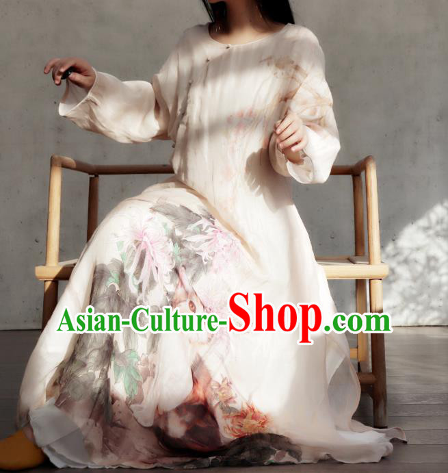 Chinese National Woman Costume Traditional Printing Chrysanthemum Cat White Qipao Dress Stand Collar Cheongsam