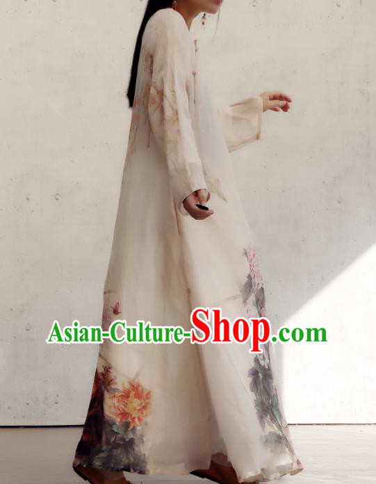 Chinese National Woman Costume Traditional Printing Chrysanthemum Cat White Qipao Dress Stand Collar Cheongsam