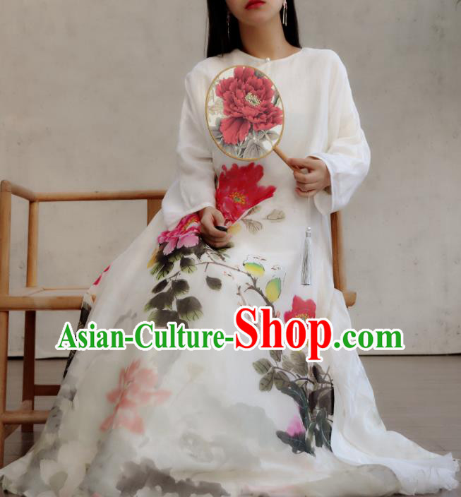 Chinese Slant Opening Cheongsam National Woman Costume Traditional Printing Peony Lotus White Qipao Dress