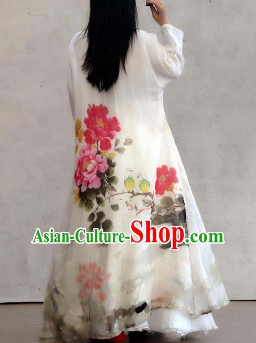 Chinese Slant Opening Cheongsam National Woman Costume Traditional Printing Peony Lotus White Qipao Dress