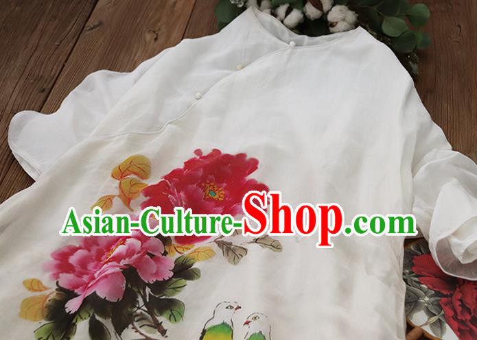 Chinese Slant Opening Cheongsam National Woman Costume Traditional Printing Peony Lotus White Qipao Dress