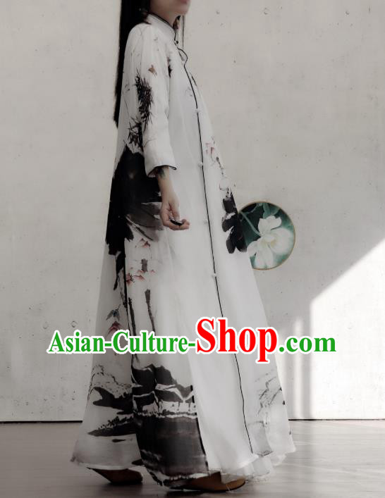 Chinese Traditional White Stand Collar Qipao Dress Ink Painting Lotus Cheongsam National Woman Costume