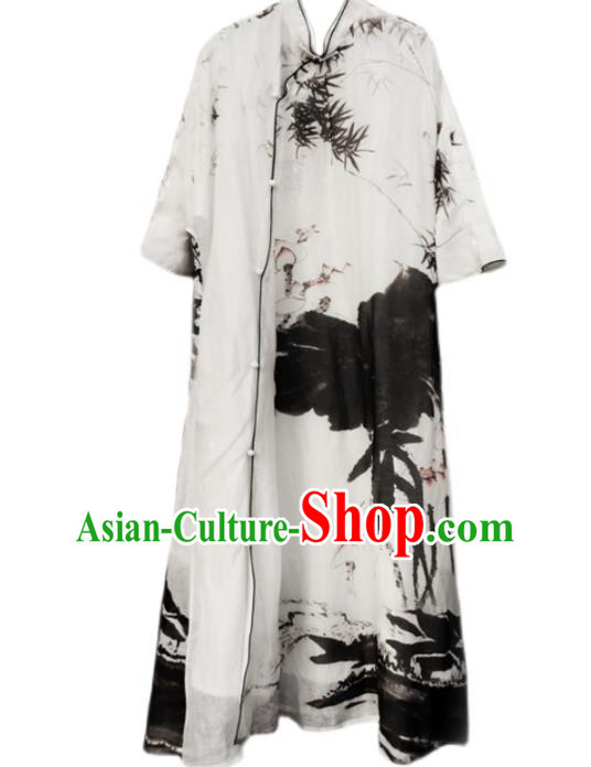 Chinese Traditional White Stand Collar Qipao Dress Ink Painting Lotus Cheongsam National Woman Costume