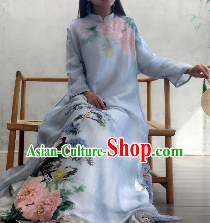Chinese National Woman Costume Traditional Stand Collar Qipao Dress Printing Peony Blue Cheongsam