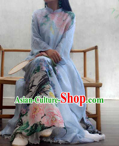 Chinese National Woman Costume Traditional Stand Collar Qipao Dress Printing Peony Blue Cheongsam