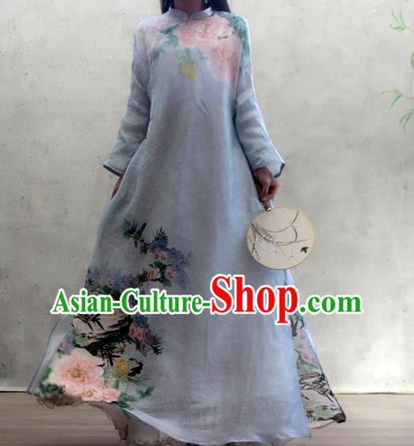 Chinese National Woman Costume Traditional Stand Collar Qipao Dress Printing Peony Blue Cheongsam