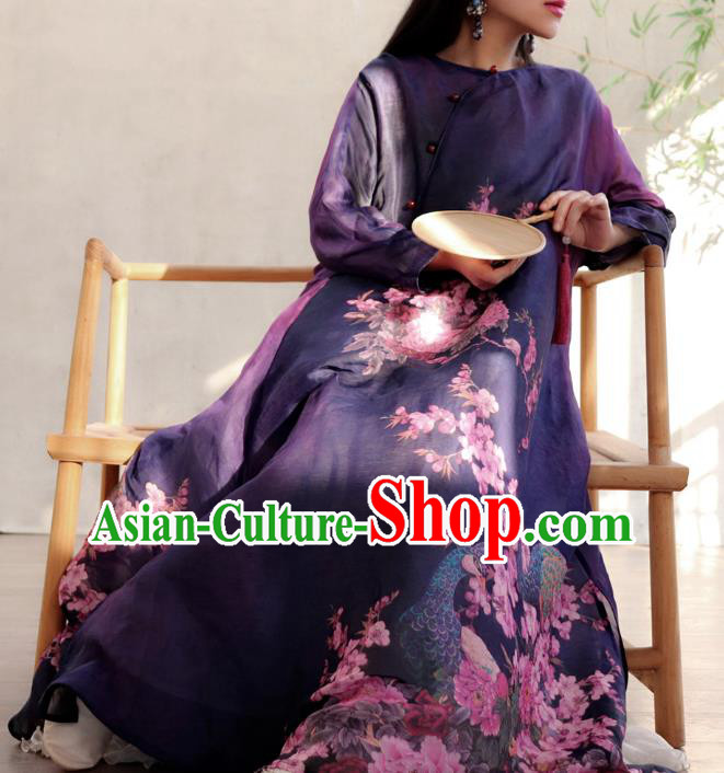 Chinese Traditional Slant Opening Qipao Dress National Printing Peacock Peony Purple Cheongsam Woman Costume
