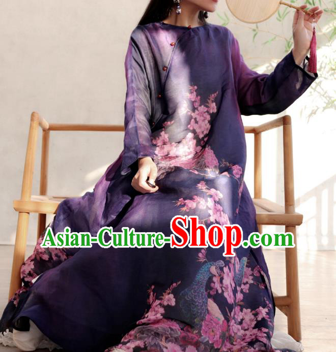 Chinese Traditional Slant Opening Qipao Dress National Printing Peacock Peony Purple Cheongsam Woman Costume