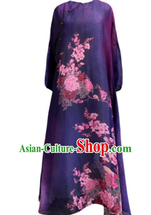 Chinese Traditional Slant Opening Qipao Dress National Printing Peacock Peony Purple Cheongsam Woman Costume