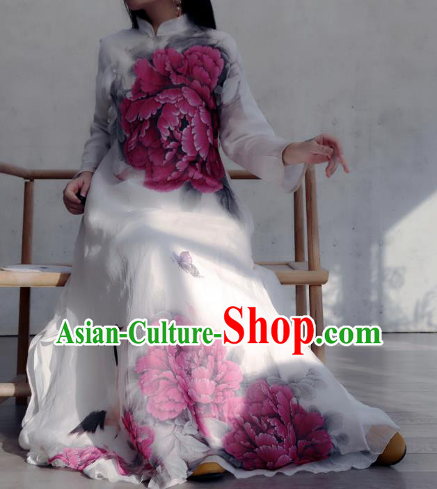 Chinese Traditional Woman Costume Stand Collar Qipao Dress National Printing Purple Peony Cheongsam