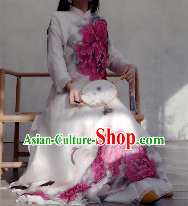Chinese Traditional Woman Costume Stand Collar Qipao Dress National Printing Purple Peony Cheongsam