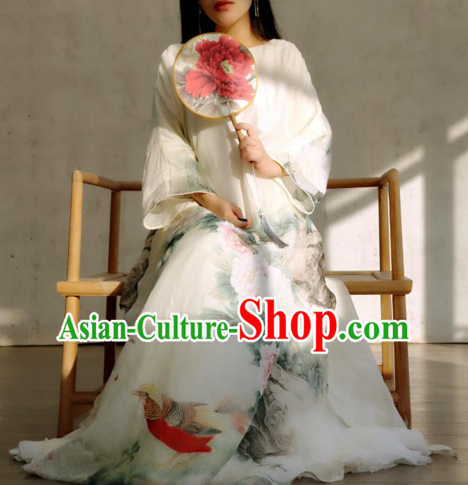 Chinese Slant Opening Qipao Dress National Printing Peony White Cheongsam Traditional Woman Costume