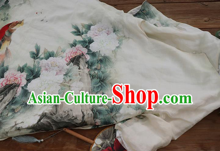 Chinese Slant Opening Qipao Dress National Printing Peony White Cheongsam Traditional Woman Costume