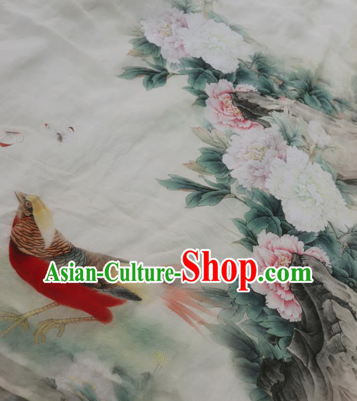 Chinese Slant Opening Qipao Dress National Printing Peony White Cheongsam Traditional Woman Costume