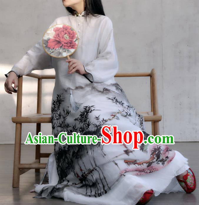 Chinese Traditional Woman Costume White Flax Qipao Dress National Ink Painting Landscape Cheongsam
