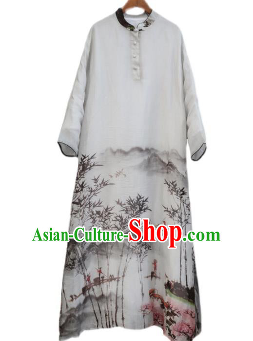 Chinese Traditional Woman Costume White Flax Qipao Dress National Ink Painting Landscape Cheongsam