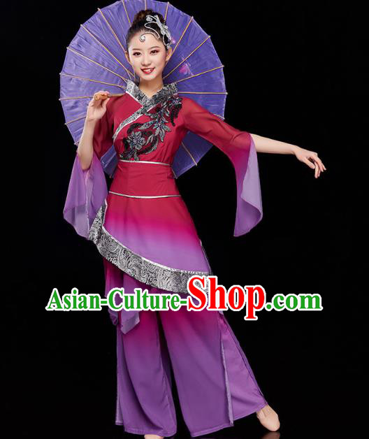 China Traditional Folk Dance Umbrella Dance Purple Outfits Jiaozhou Yangko Dance Performance Clothing