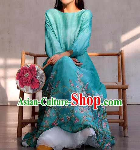 Chinese Traditional Printing Flowers Blue Qipao Dress Woman Costume National Round Collar Cheongsam