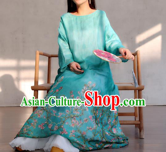 Chinese Traditional Printing Flowers Blue Qipao Dress Woman Costume National Round Collar Cheongsam
