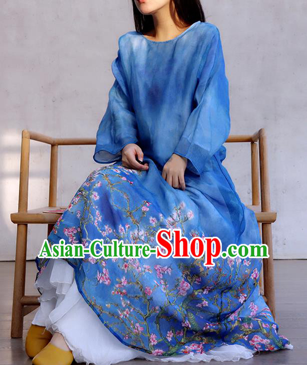 Chinese Traditional Dance Qipao Dress Woman Costume National Round Collar Deep Blue Cheongsam