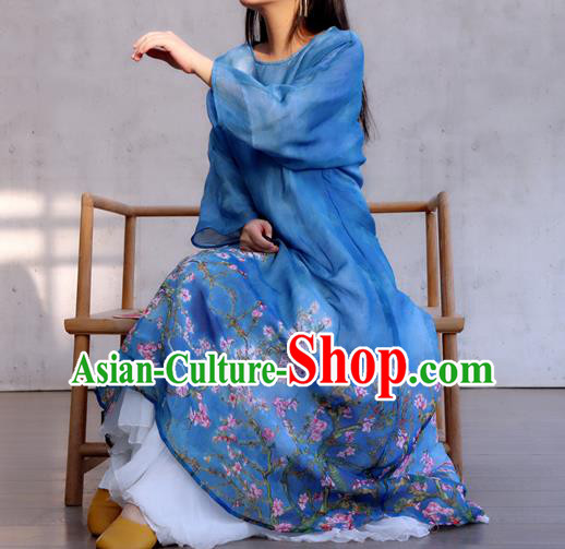 Chinese Traditional Dance Qipao Dress Woman Costume National Round Collar Deep Blue Cheongsam