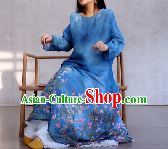Chinese Traditional Dance Qipao Dress Woman Costume National Round Collar Deep Blue Cheongsam