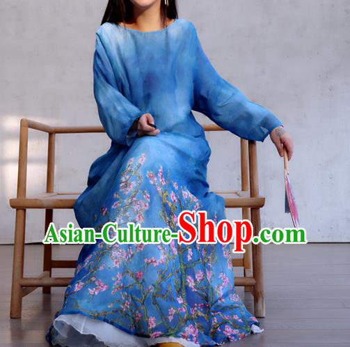 Chinese Traditional Dance Qipao Dress Woman Costume National Round Collar Deep Blue Cheongsam