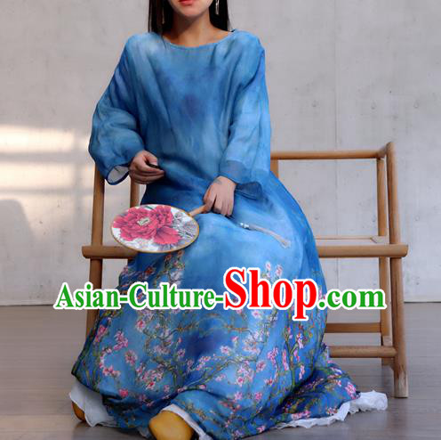 Chinese Traditional Dance Qipao Dress Woman Costume National Round Collar Deep Blue Cheongsam
