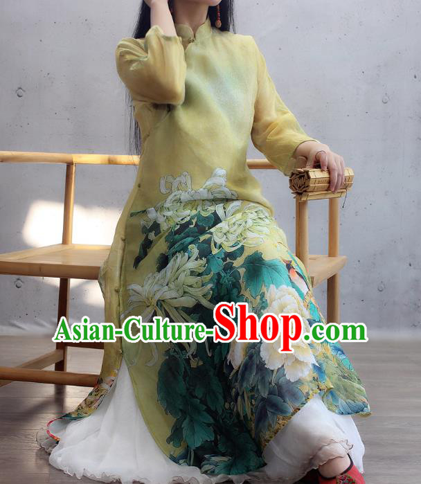 Chinese Traditional Printing Chrysanthemum Qipao Dress Woman Costume National Stand Collar Yellow Cheongsam