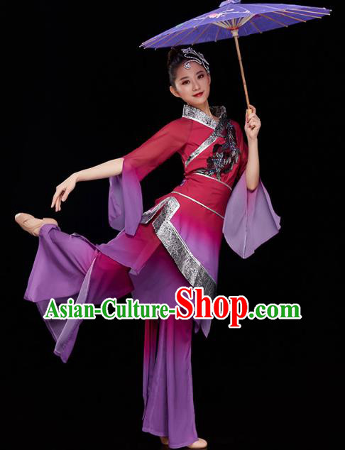 China Traditional Folk Dance Umbrella Dance Purple Outfits Jiaozhou Yangko Dance Performance Clothing