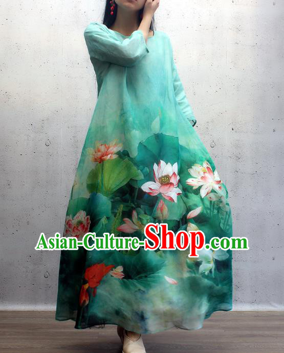 Chinese Traditional Qipao Dress Woman Costume National Printing Lotus Green Cheongsam