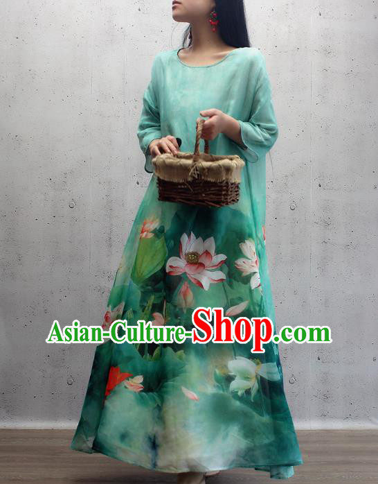 Chinese Traditional Qipao Dress Woman Costume National Printing Lotus Green Cheongsam