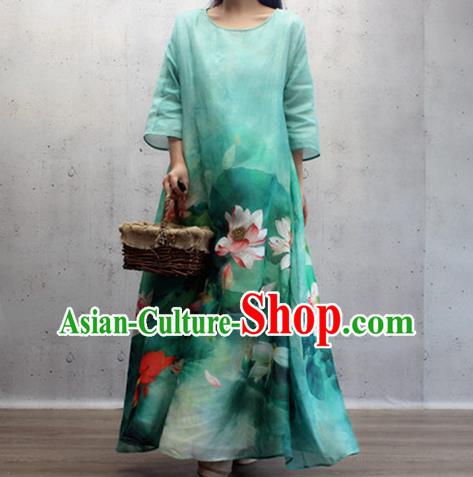 Chinese Traditional Qipao Dress Woman Costume National Printing Lotus Green Cheongsam