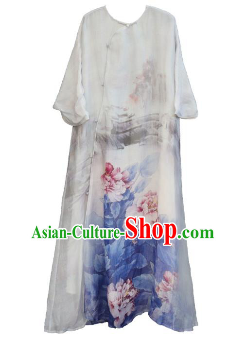 Chinese Traditional Printing Peony Blue Qipao Dress Woman Costume National Slant Opening Cheongsam