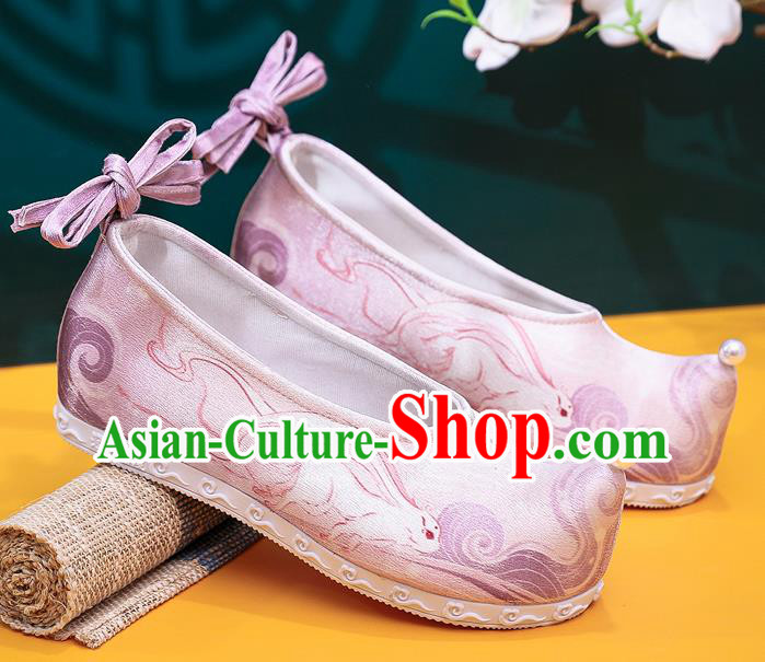 China Traditional Printing Pink Satin Shoes Ming Dynasty Hanfu Shoes Handmade Ancinet Princess Shoes