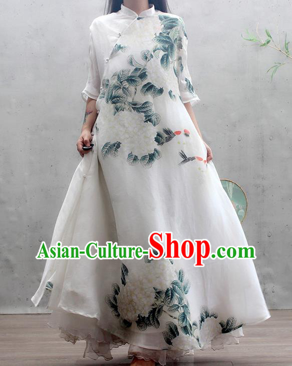 Chinese Traditional Printing Peony Qipao Dress Woman Costume National Stand Collar White Cheongsam