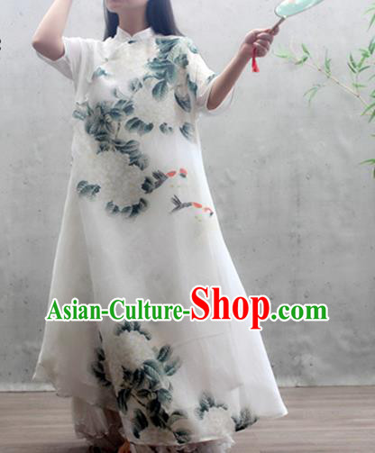 Chinese Traditional Printing Peony Qipao Dress Woman Costume National Stand Collar White Cheongsam