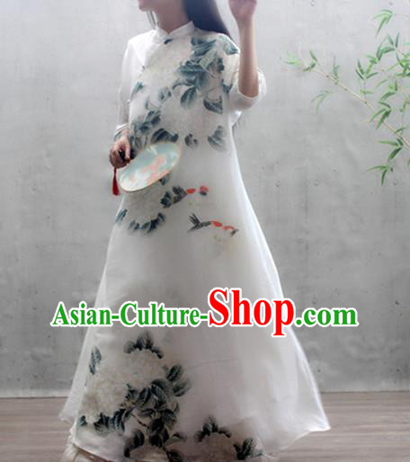 Chinese Traditional Printing Peony Qipao Dress Woman Costume National Stand Collar White Cheongsam