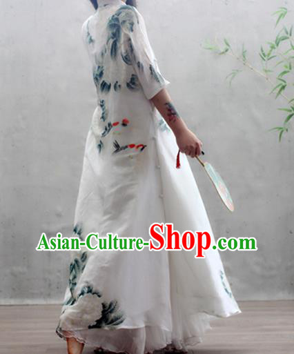 Chinese Traditional Printing Peony Qipao Dress Woman Costume National Stand Collar White Cheongsam